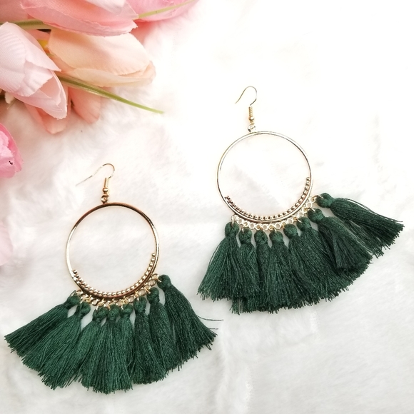Boho Tassel Statement Earrings Moss Green Festival - Picture 2 of 8